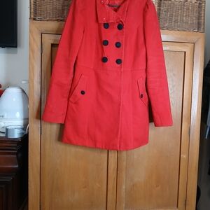 H&M Red Double-Breasted Pea Coat with Black Buttons